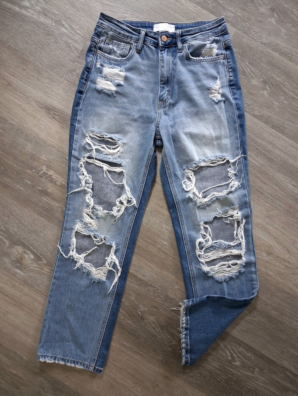 VERVET 90s HIGH RISE DISTRESSED TWO TONE DENIM BOYFRIEND STRAIGHT LEG JEANS 27